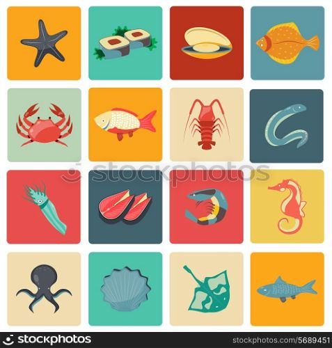 Seafood icons flat set with seahorse eel stingray sushi isolated vector illustration