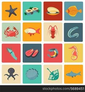 Seafood icons flat set with seahorse eel stingray sushi isolated vector illustration