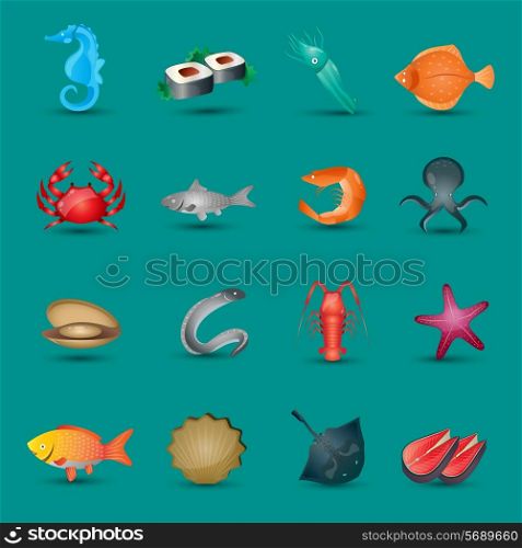 Seafood icons set with fish octopus shrimp stingray isolated vector illustration