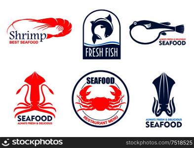 Seafood icons. Vector fish food products labels. Shrimp, squid, crab elements for signboard, menu, restaurant, shop, cafe, market merchandising Asian nordic and mediterranean cuisine. Seafood and fish products icons