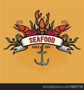 Seafood in cartoon style. Restaurant logo with lobster, shrimps snails, sea cabbage and anchor. Hand-drawn illustration on a yellow background. Seafood in cartoon style. Restaurant logo with lobster, shrimps snails, sea cabbage and anchor.