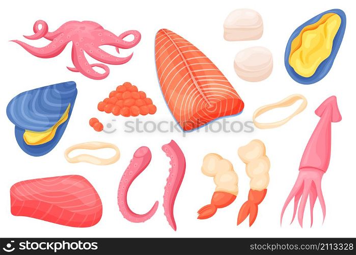 Seafood ingredients. Cartoon tuna fillet and steak, shrimps squid and octopus restaurant ingredients. Vector isolated set illustrations collection fresh meals foods. Seafood ingredients. Cartoon tuna fillet and steak, shrimps squid and octopus restaurant ingredients. Vector isolated set