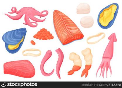 Seafood ingredients. Cartoon tuna fillet and steak, shrimps squid and octopus restaurant ingredients. Vector isolated set illustrations collection fresh meals foods. Seafood ingredients. Cartoon tuna fillet and steak, shrimps squid and octopus restaurant ingredients. Vector isolated set