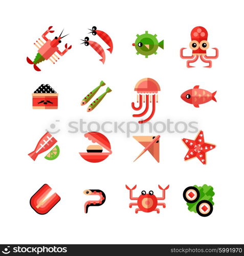 Seafood Isolated Icon Set. Seafood flat color icon set with octopus shrimp sushi starfish and bank of caviar in cartoon style isolated vector illustration