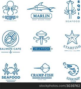 Seafood labels thin line vector logos, emblems. Seafood labels thin line vector labels, logos, emblems for restaurant, fish and octopus illustration