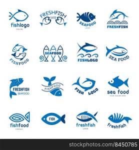 Seafood logo. Fishes colored icons templates animals underwater recent vector business identity elements. Illustration of fish aquatic emblem. Seafood logo. Fishes colored icons templates animals underwater recent vector business identity elements