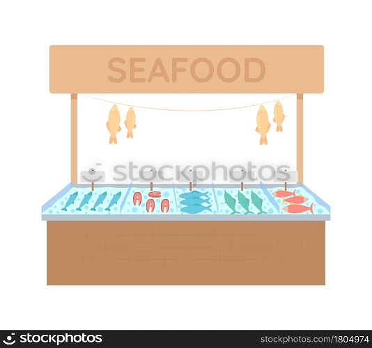 Seafood market stall semi flat color vector object. Full sized element on white. Marine products kiosk. Fish marketplace isolated modern cartoon style illustration for graphic design and animation. Seafood market stall semi flat color vector object