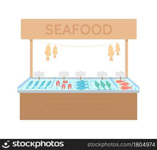 Seafood market stall semi flat color vector object. Full sized element on white. Marine products kiosk. Fish marketplace isolated modern cartoon style illustration for graphic design and animation. Seafood market stall semi flat color vector object