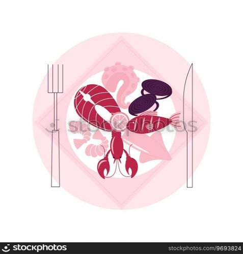 Seafood menu abstract concept vector illustration. Seafood nutrition diet, marine products shop, fish house, food delivery, in-house kitchen, pescatarian diet, protein source abstract metaphor.. Seafood menu abstract concept vector illustration.