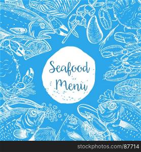 Seafood menu template. Fish, shrimps, oyster, lobster, crab. Design elements for poster, banner, , flyer. Vector illustration