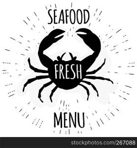 Seafood menu template with crab,funny doodle vector illustration.. Seafood menu with crab,funny doodle