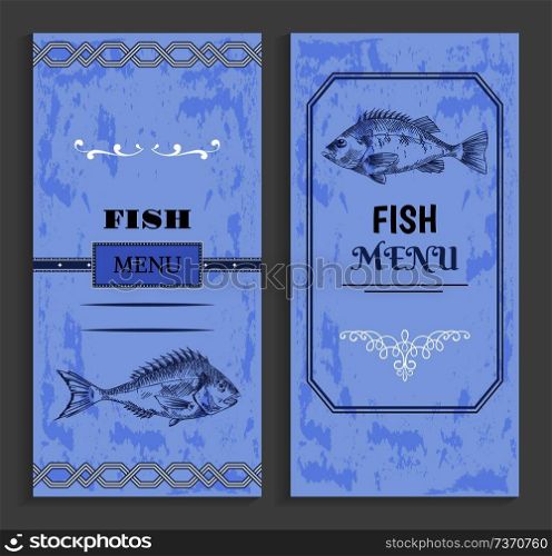 Seafood menu with linear silhouettes of fish. Sea bass sketch at bottom of vector cover for restaurant in geometric frame with ornament at edges.. Seafood Menu with Linear Silhouettes of Fish