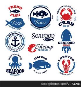 Seafood nautical vector vintage labels and restaurant emblems. Seafood emblem for restaurant, market fresh fish badge illustration. Seafood nautical vector vintage labels and restaurant emblems