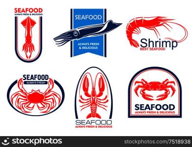 Seafood products emblems. Vector icons for product, company, restaurant label. Silhouettes of lobster, shrimp, squid, crab fish. Seafood icons. Fish food emblem