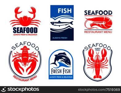Seafood products icons. Vector emblems set for product sticker, company label, restaurant menu. Graphic symbols of crab, herring, shrimp, lobster, tuna fish. Seafood icons. Fresh fish restaurant menu