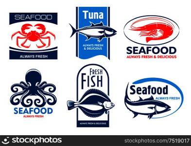 Seafood products tags and emblems. Vector icons for product, company, restaurant label. Graphic symbols of crab, tuna, shrimp, octopus, flounder, fish. Seafood restaurant and product icons