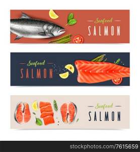 Seafood realistic horizontal banners with whole and chopped salmon rosemary mint and lemon slices isolated vector illustration