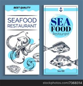 Seafood restaurant hand drawn banner. Giant octopus and small oyster, electric eel and bream sketch vector illustration on white tint with blue spots.. Vector Best Quality Seafood Restaurant Banner Set