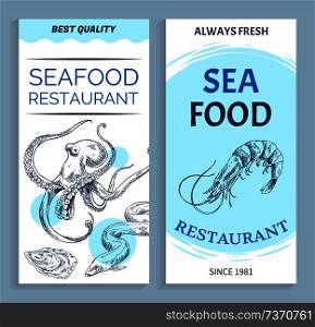 Seafood restaurant hand drawn banner. Giant squid and shellfish, electric eel and shrimp sketch vector illustration on white tint with blue spots.. Vector Best Quality Seafood Restaurant Banner Set