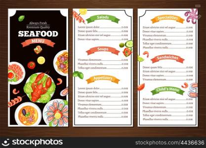 Seafood Restaurant Menu. Compact color menu for seafood cafe or restaurant with wood background with title group of meal vector illustration