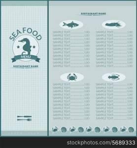 Seafood restaurant menu list template with seahorse and sea food icons vector illustration