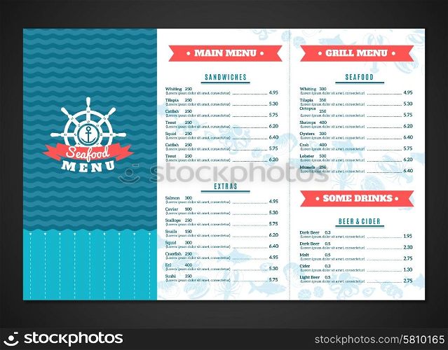 Seafood restaurant menu template with fish and sea animals dishes vector illustration. Seafood Menu Template