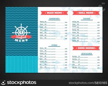 Seafood restaurant menu template with fish and sea animals dishes vector illustration. Seafood Menu Template