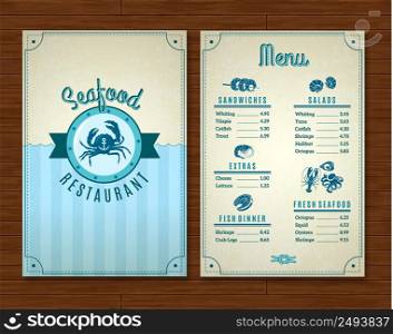 Seafood restaurant menu template with ocean design symbols vector illustration. Seafood Menu Template