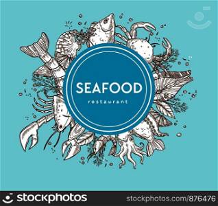 Seafood restaurant promo banner with sketches of raw food. Huge lobster, ocean crab, exotic squid, tasty salmon and king shrimps around sign isolated cartoon flat vector illustration on blue.. Seafood restaurant promo banner with sketches of raw food