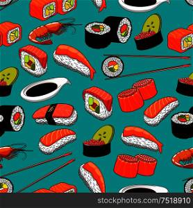 Seafood seamless background with vector pattern icons of sushi, rolls, maki, prawn, chopsticks, wasabi. Japanese asian cuisine and oriental kitchen, restaurant wallpaper. Sushi and rolls seamless pattern background.
