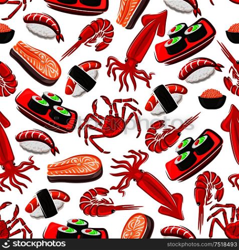 Seafood seamless pattern background. Vector flat icons of sushi, shrimp, squid, salmon, crab, rice, nori. Japanese oriental asian cuisine wallpaper for kitchen, restaurant menu. Seafood seamless pattern background
