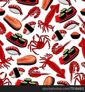 Seafood seamless pattern background. Vector flat icons of sushi, shrimp, squid, salmon, crab, rice, nori. Japanese oriental asian cuisine wallpaper for kitchen, restaurant menu. Seafood seamless pattern background