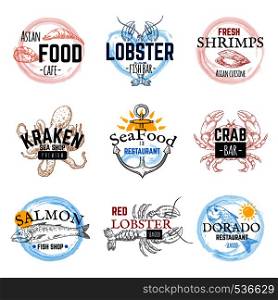 Seafood sketch logos. Vintage hand drawn marine labels, salmon tuna squid and octopus emblem design. Vector herrings ocean food sticker set. Seafood sketch logos. Vintage hand drawn marine labels, salmon tuna squid and octopus emblem design. Vector ocean food sticker set