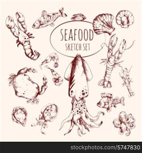 Seafood sketch set with lobster salmon shrimp tuna fish isolated vector illustration