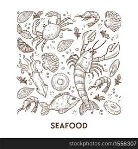 Seafood sketches fish crab and lobster prawn or shrimp vector squid and salmon oysters and mollusks lemon slices and greenery restaurant, or cafe menu dishes and meals of underwater sea animals. Restaurant menu seafood sketches fish crab and lobster