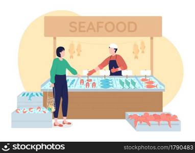 Seafood stall with frozen production 2D vector isolated illustration. Shopkeeper and customer flat characters on cartoon background. Buying fresh fish products at grocery store colourful scene. Seafood stall with frozen production 2D vector isolated illustration