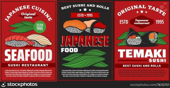 Seafood sushi and temaki, Japanese restaurant food menu, vector posters. Japanese cuisine sushi bar rolls with salmon and tuna fish, temaki with nori seaweed and rice. Seafood sushi, temaki, Japanese restaurant food
