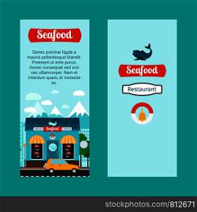 Seafood vertical flyers with shop building and landscape, vector illustration. Seafood vertical flyers with shop building