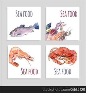 Seafood watercolor square banners set with crabs fish and shrimp isolated vector illustration . Seafood Watercolor Banners Set