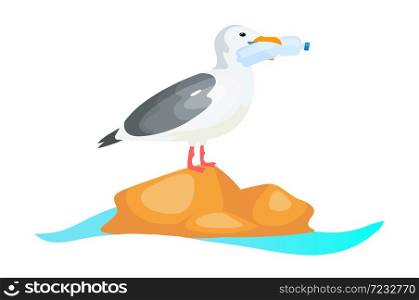 Seagull with plastic bottle in beak flat concept icon. Plastic pollution in ocean problem. Bird eating disposable container sticker, clipart. Isolated cartoon illustration on white background. Seagull with plastic bottle in beak flat concept icon