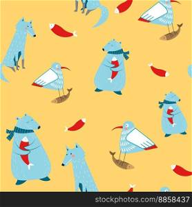 Seagulls and polar bears wearing scarf holding fish, hunting and eating. Cute personages characters during winter in knitwear. Seamless pattern or wallpaper, background or print. Vector in flat style. Polar bear holding fish, seagull seamless pattern
