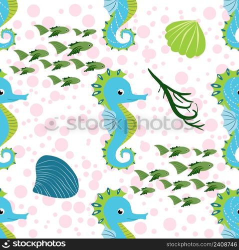 Seahorse and starfish seamless pattern. Sea life summer background. Cute sea life. Design for fabric and decor.. Seahorse and starfish seamless pattern. Sea life summer background. Cute sea life. Design for fabric and decor