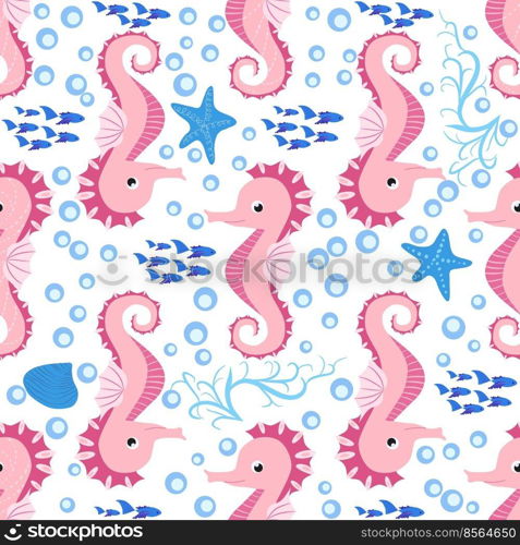 Seahorse and starfish seamless pattern. Sea life summer background. Cute sea life. Design for fabric and decor.. Seahorse and starfish seamless pattern. Sea life summer background. Cute sea life. Design for fabric and decor