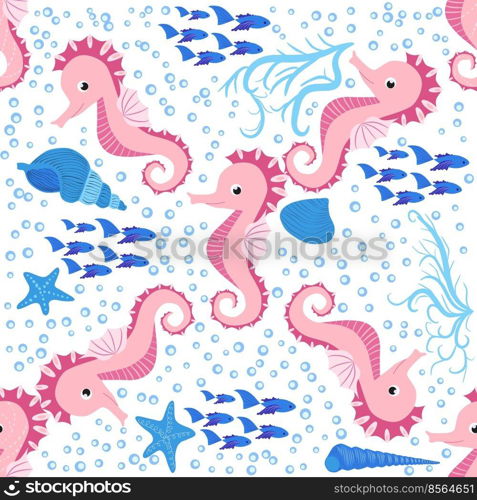 Seahorse and starfish seamless pattern. Sea life summer background. Cute sea life. Design for fabric and decor.. Seahorse and starfish seamless pattern. Sea life summer background. Cute sea life. Design for fabric and decor