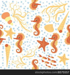 Seahorse and starfish seamless pattern. Sea life summer background. Cute sea life. Design for fabric and decor.. Seahorse and starfish seamless pattern. Sea life summer background. Cute sea life. Design for fabric and decor