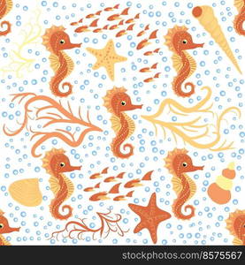 Seahorse and starfish seamless pattern. Sea life summer background. Cute sea life. Design for fabric and decor.. Seahorse and starfish seamless pattern. Sea life summer background. Cute sea life. Design for fabric and decor