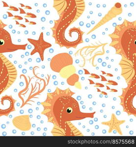 Seahorse and starfish seamless pattern. Sea life summer background. Cute sea life. Design for fabric and decor.. Seahorse and starfish seamless pattern. Sea life summer background. Cute sea life. Design for fabric and decor