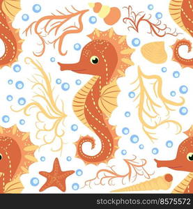 Seahorse and starfish seamless pattern. Sea life summer background. Cute sea life. Design for fabric and decor.. Seahorse and starfish seamless pattern. Sea life summer background. Cute sea life. Design for fabric and decor