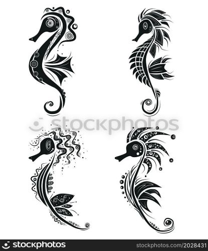 Seahorse girl creative design. Black shape seahorse set on white background. Vector illustration.
