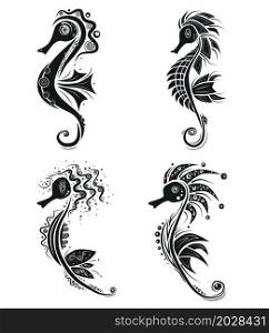 Seahorse girl creative design. Black shape seahorse set on white background. Vector illustration.